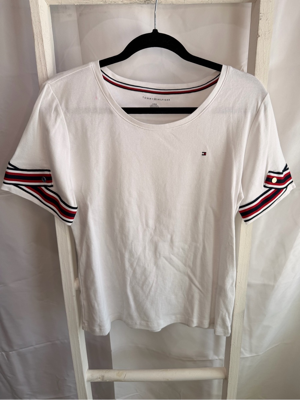 Tommy Hilfiger White Tee with Red & Navy Stripe Detail